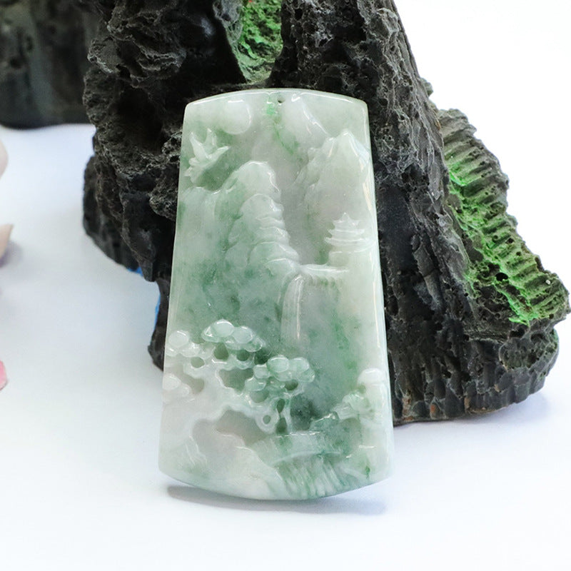 Green Landscape Jade Sterling Silver Pendant with A-grade Natural Myanmar Jadeite