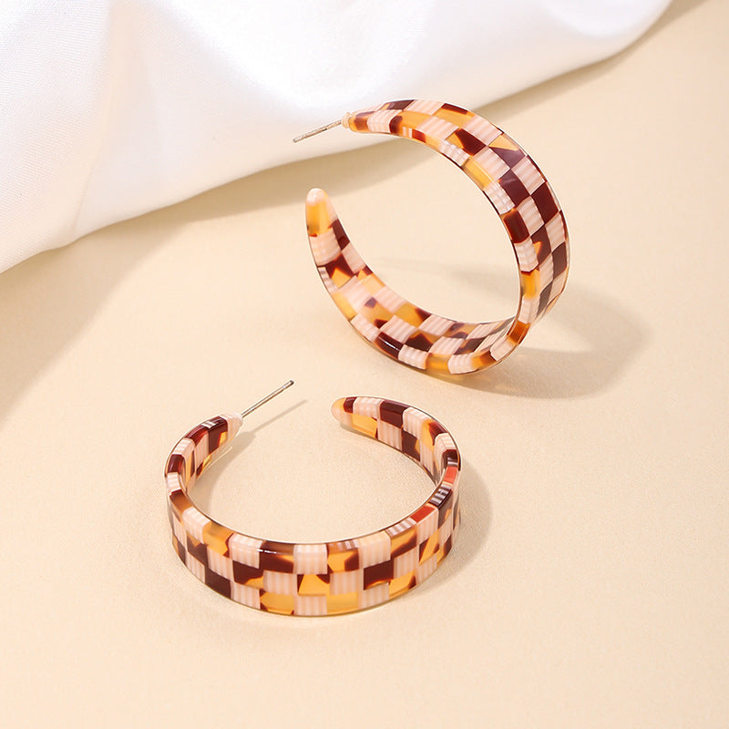 C-Shaped Checkerboard Earrings with Acrylic Details - Vienna Verve Collection