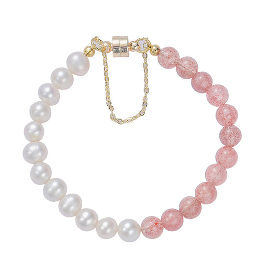 Symmetrical Design Crystal Pearl Bracelet with Natural Strawberry, Sterling Silver and Playful Sweet Style