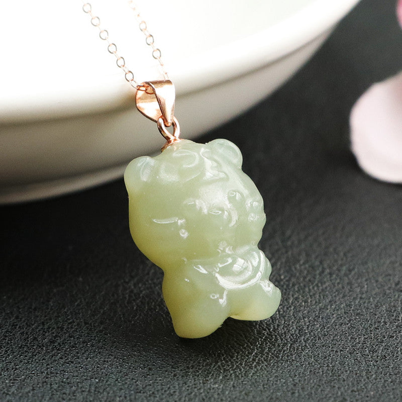 925 Sterling Silver Necklace with Hotan Jade Tiger Pendant