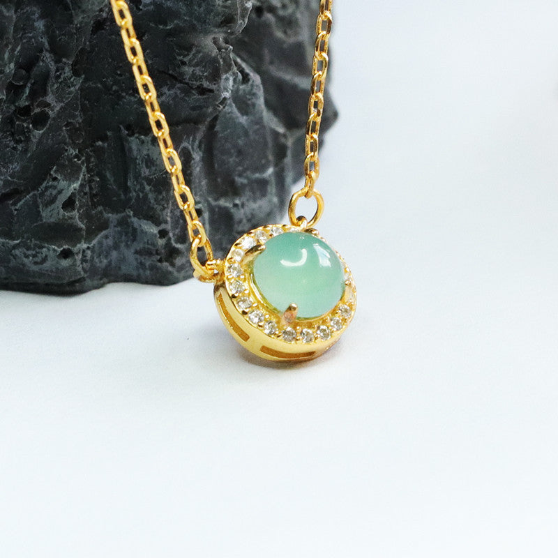 Elegant 925 Sterling Silver Natural Jade Ice Blue Green Round Bead Zircon Halo Necklace