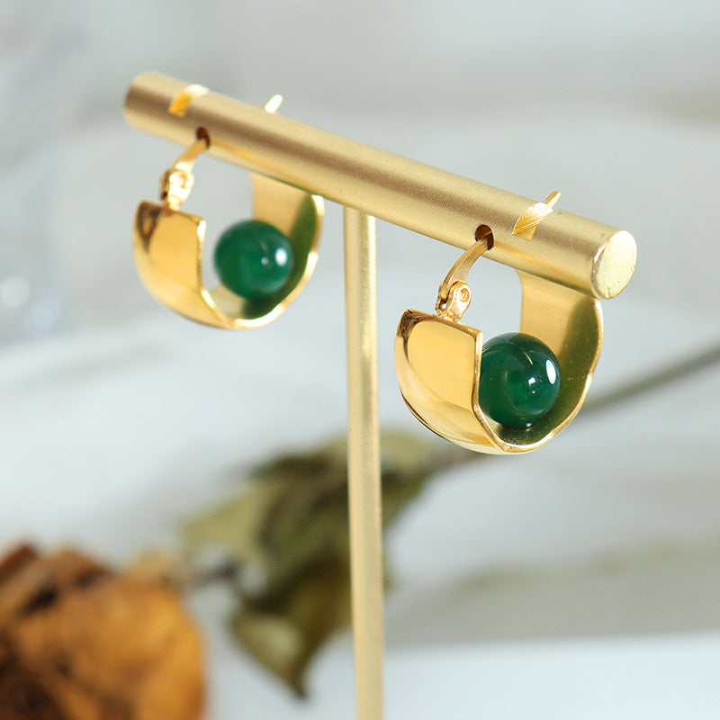 Elegant Green U-Shaped Earrings - Titanium Steel with 18K Gold Plating