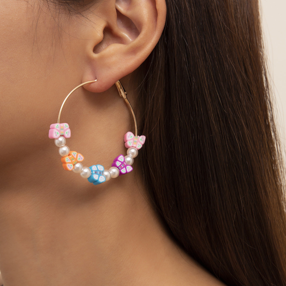 Holiday Style Butterfly Earrings with Imitation Pearls and Soft Clay Flowers