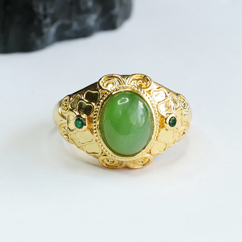 Elegant Hetian Jade Ring with Green Zircon Accents