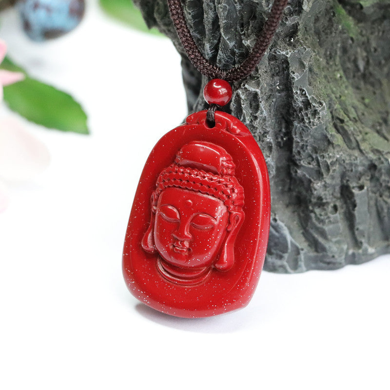 Purple Gold Buddha Head Pendant with Cinnabar Stone - Sterling Silver Jewelry