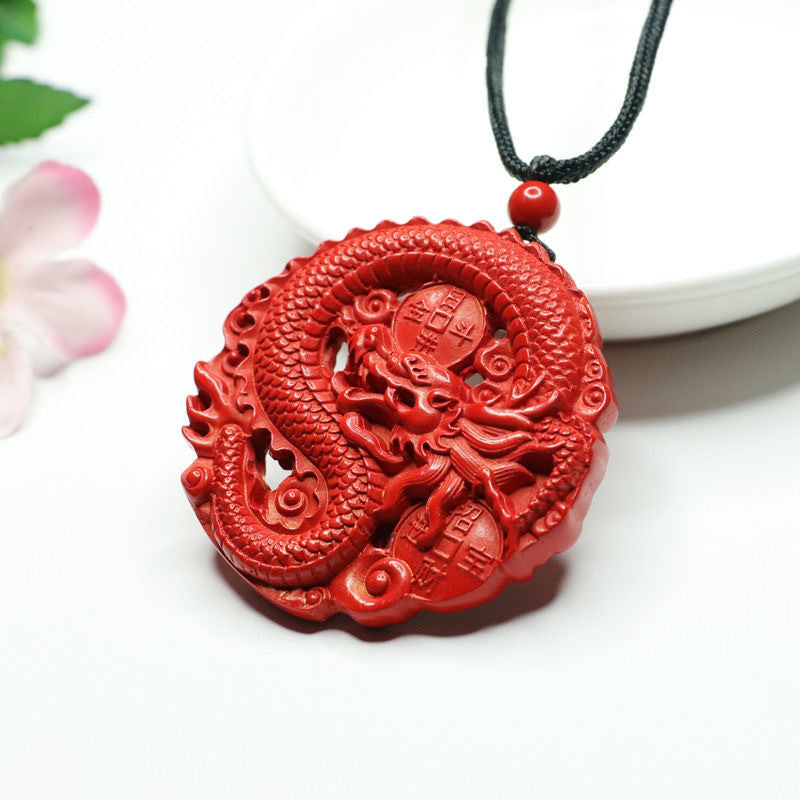 Cinnabar Hollow Dragon Pendant, Red Sand Round Pendant Jewelry