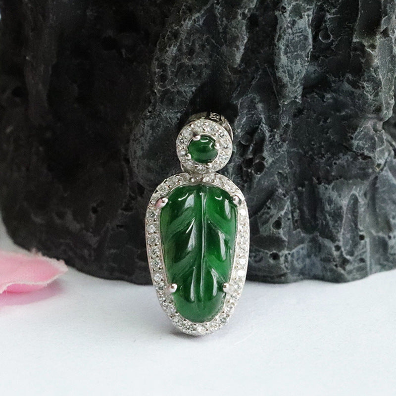 S925 Silver Natural Jade Leaf Pendant Emperor Green Jade Zircon Necklace