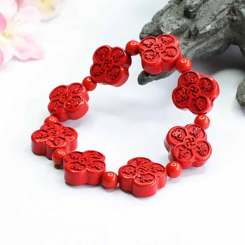 Fortune's Favor Sterling Silver Cinnabar Stone Bracelet with Four-Leaf Clover Inscription