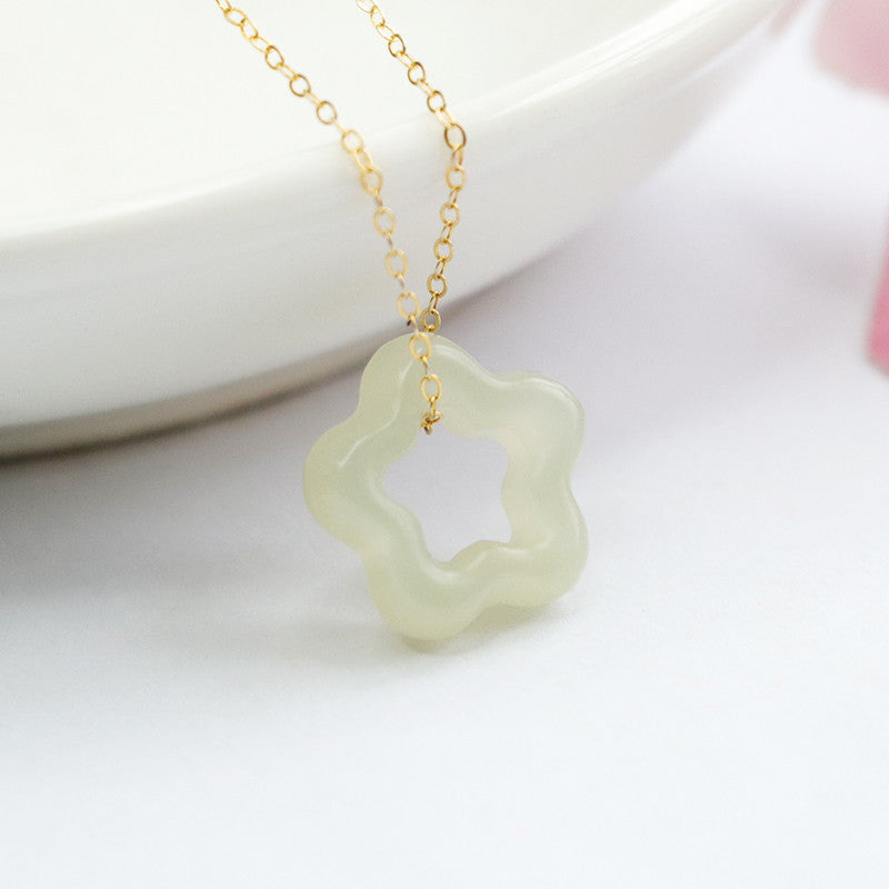 Handcrafted Sterling Silver Jade Flower Necklace with Hollow Design