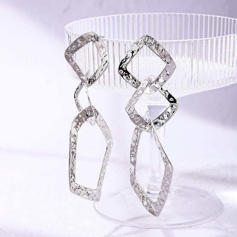 Exaggerated Retro Diamond Earrings in Irregular Geometric Design