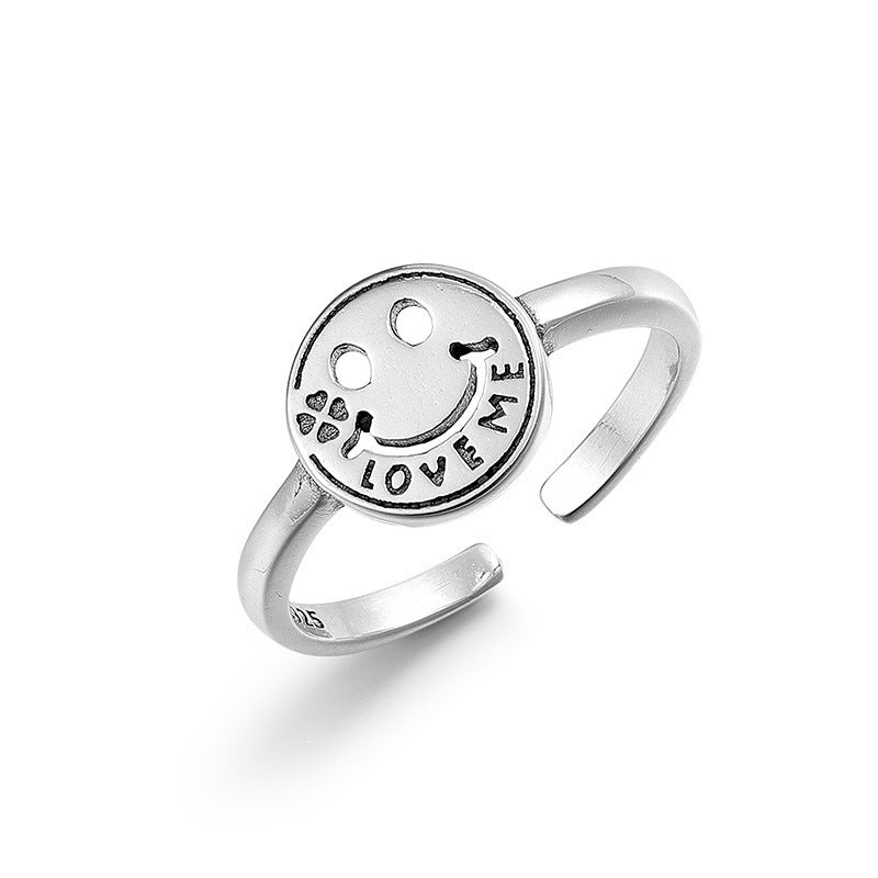 Retro Round Smiling Face Polished Opening Sterling Silver Ring