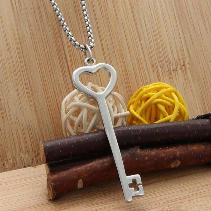 Personalized Titanium Steel Heart Key Pendant Necklace - Retro Punk Style for Men and Women