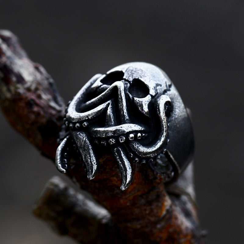 Titanium Steel Octopus Skull Ring - Hip-Hop Punk Style for Men, Wholesale Available