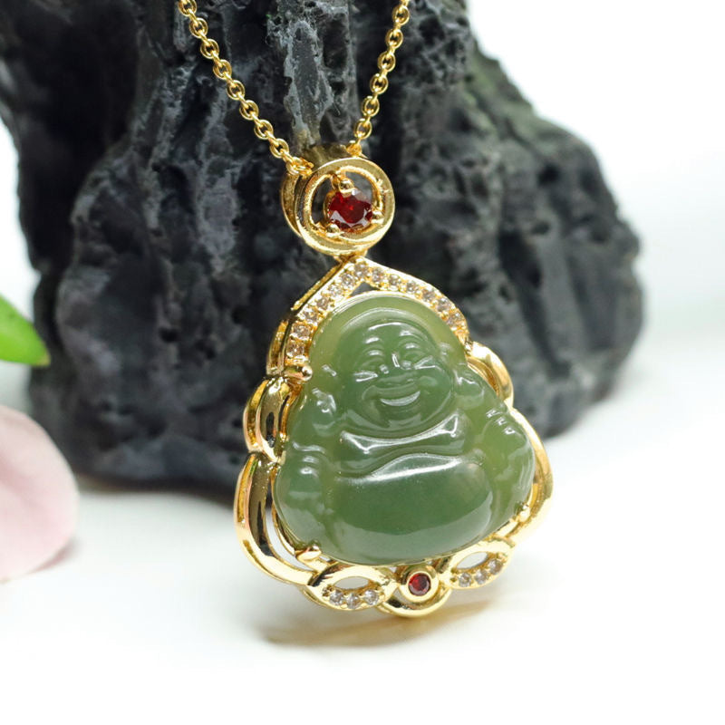 Fortune's Favor Sterling Silver Hotan Jade Maitreya Buddha Necklace