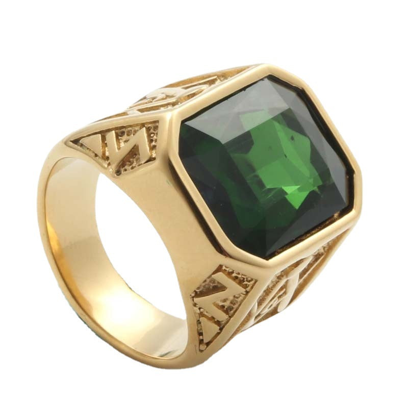 Men's Retro-Inspired Titanium Steel Gemstone Ring with Zircon Accents in Multiple Colors