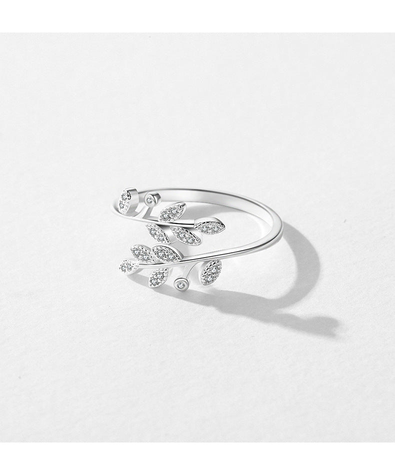 Sterling Silver Adjustable Zircon Leaves Open Ring