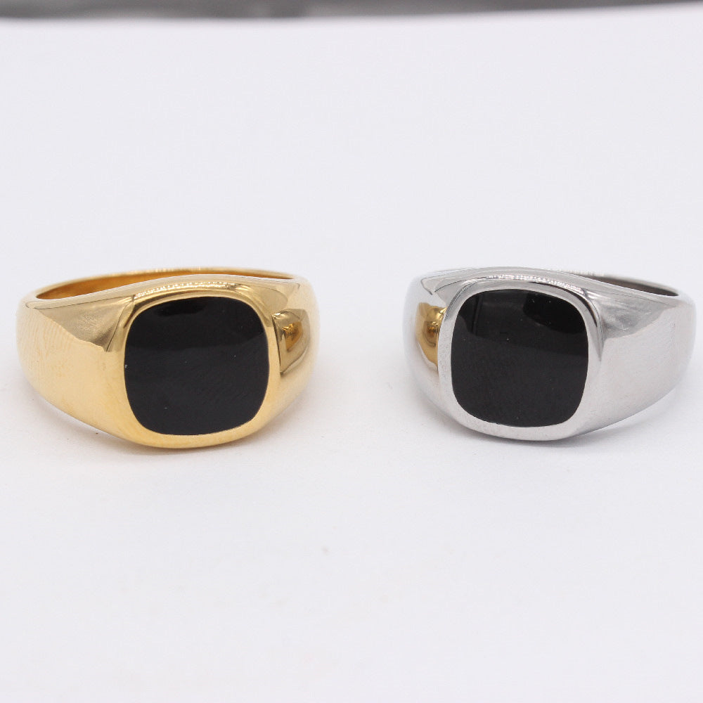 Stylish Black Titanium Ring for Men and Women with Cold Wind Square Design