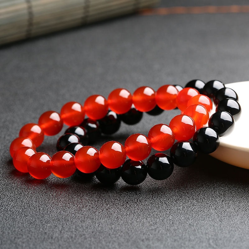 Red and Black Agate Sterling Silver Bead Bracelet