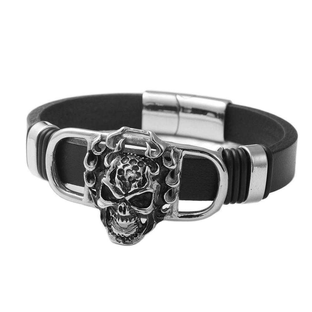 Titanium Steel Skull Flame Bracelet - Personalized Punk Leather Accessory for Men