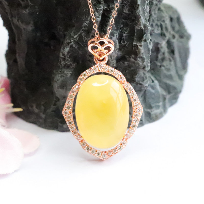 Yellow Amber Beeswax Sterling Silver Necklace with Zircon Rose Gold Accent