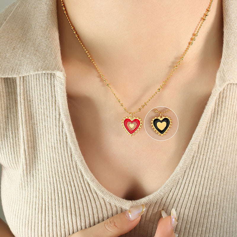 Luxurious Double-Sided Red Spade Heart Necklace with Cross-Border Charm