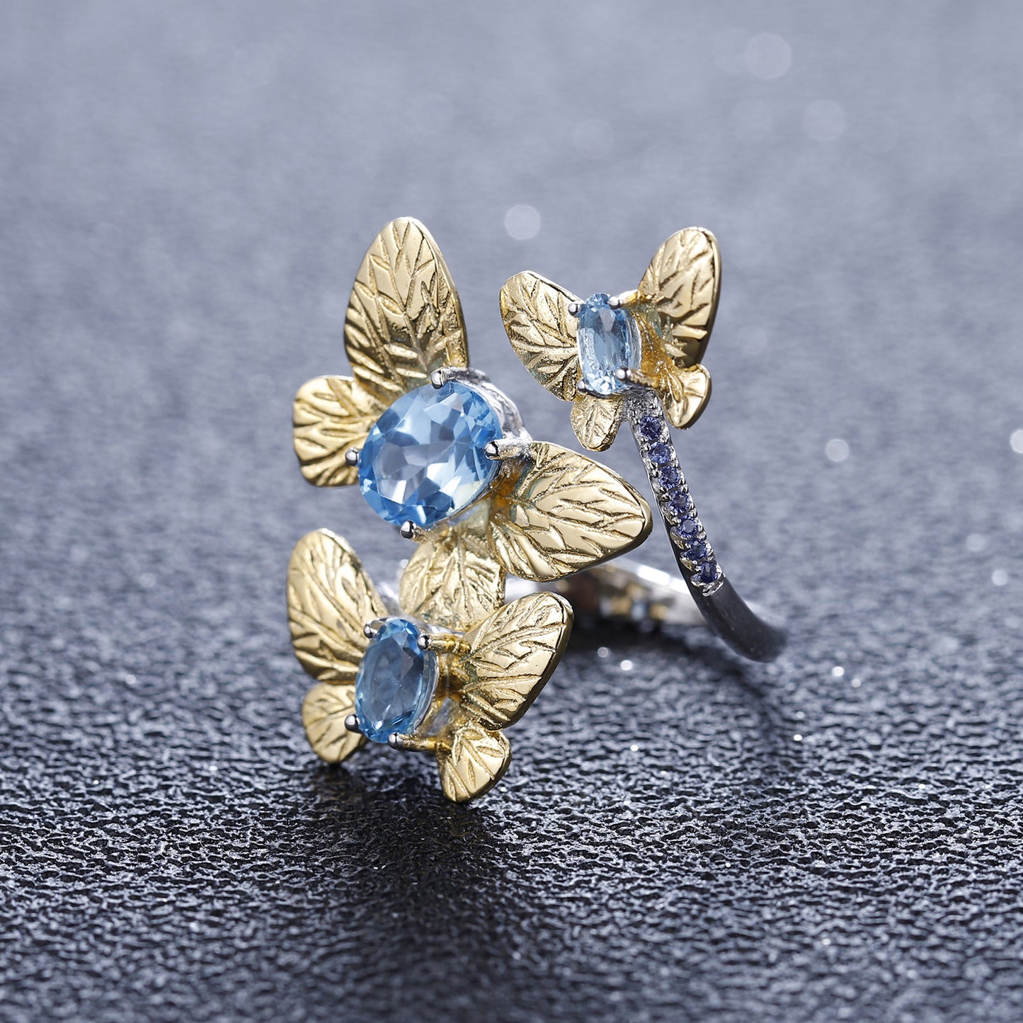 Flying Golden Butterfly Natural Gemstones Opening Silver Ring.