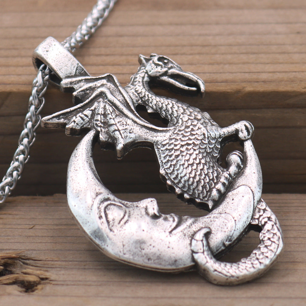 Mystical Viking Dragon Moon Necklace - Vintage Men's Jewelry