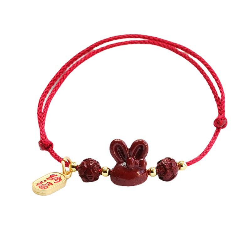 Rabbit and Lotus Cinnabar Stone Red Rope Bracelet