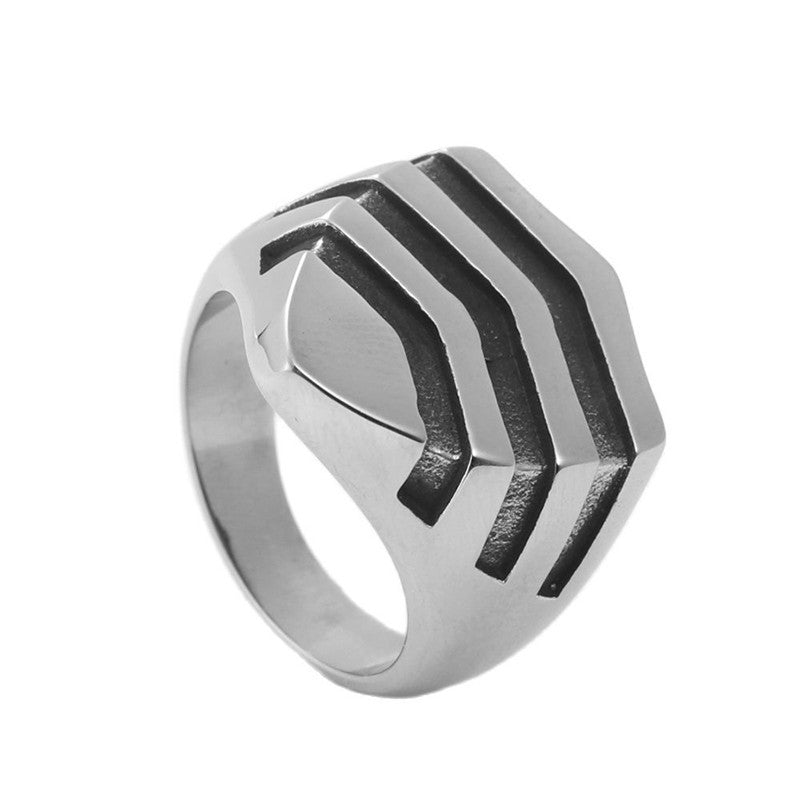 Titanium Steel Vintage Shield Ring for Men - Retro Trendy Striped Design