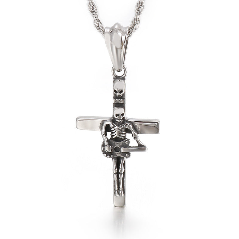 Vintage-Inspired Men's Stainless Steel Pendant with Dominant Cross Skull Design