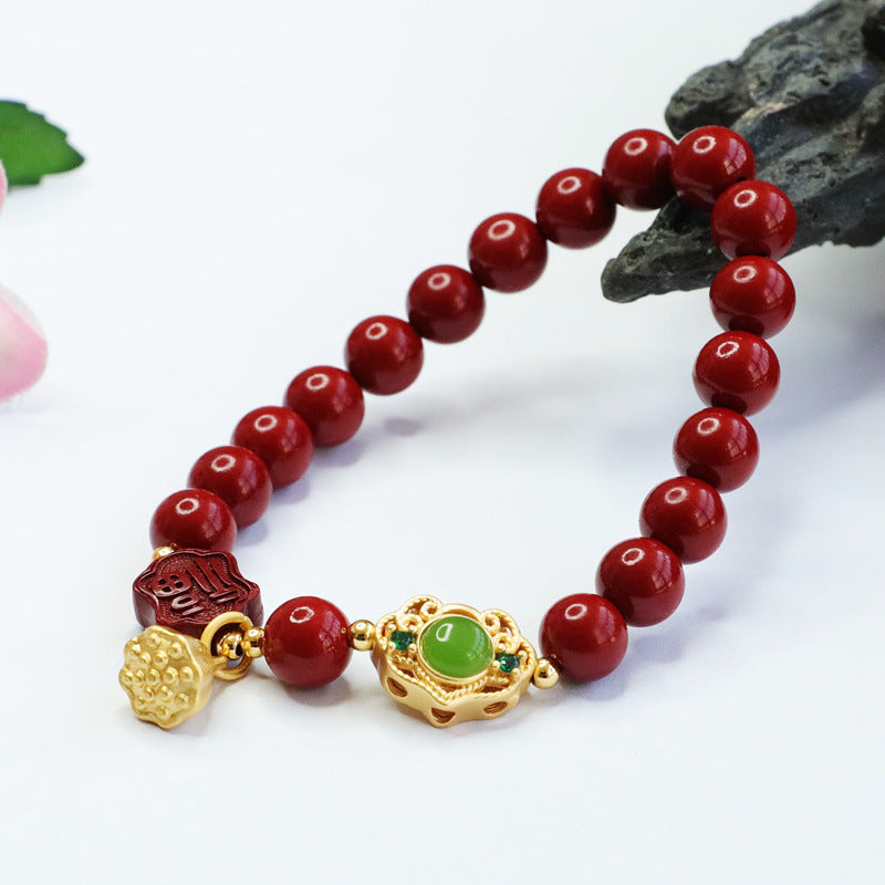 Lotus Cinnabar Bracelet - Sterling Silver National Wind Jewelry