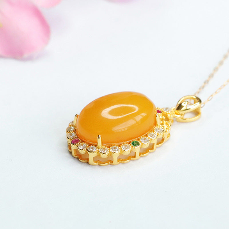 Golden Necklace with Genuine Beeswax Amber Pendant on 925 Sterling Silver Chain