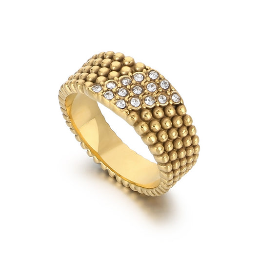 Men's Hip-Hop Inspired 18k Gold Plated Zircon Bead Ring - Retro Stainless Steel Design