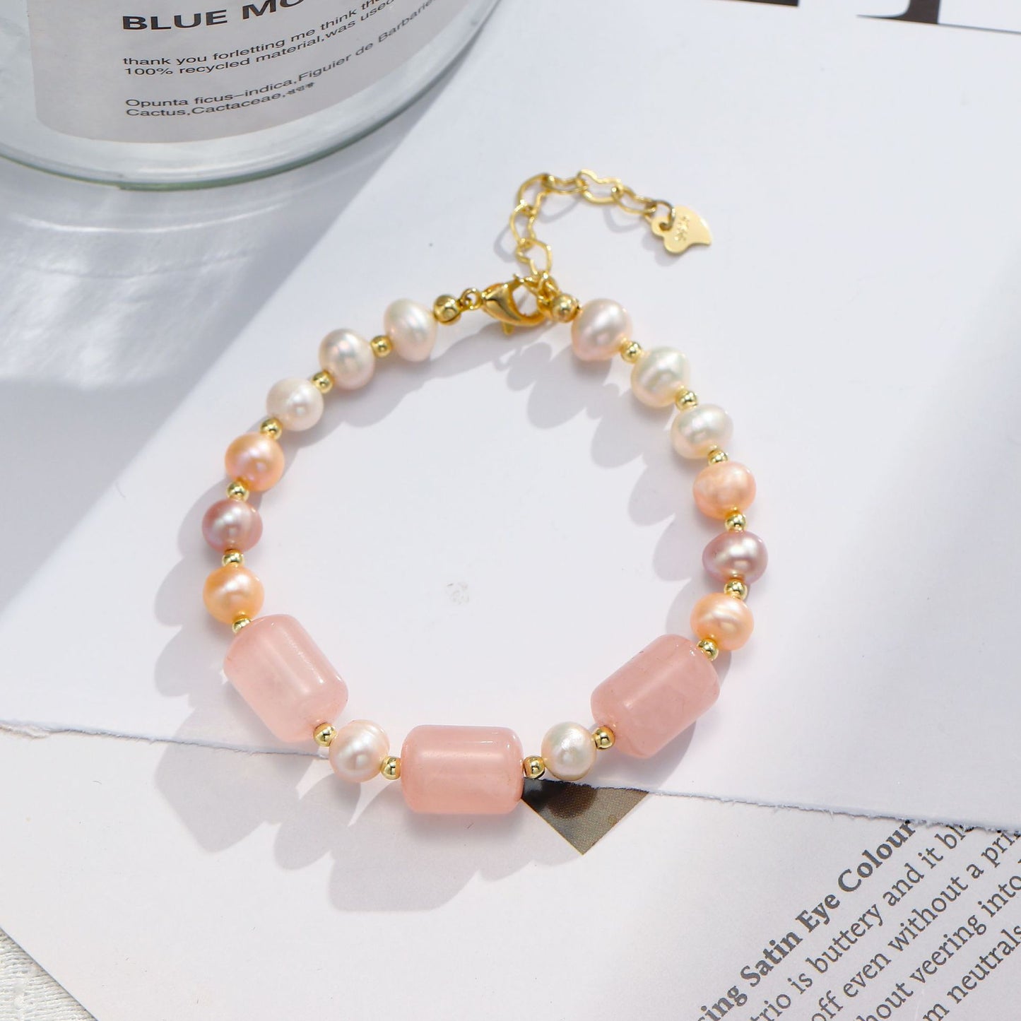 Peach Blossom Freshwater Pearl Bracelet with Gold Wrapped Crystal Barrel