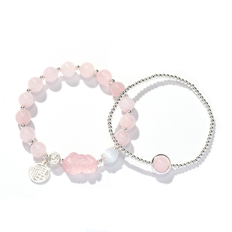 Fortune's Favor Pink Quartz Pixiu Crystal Bracelet - Sterling Silver Stacking Beaded Bracelet