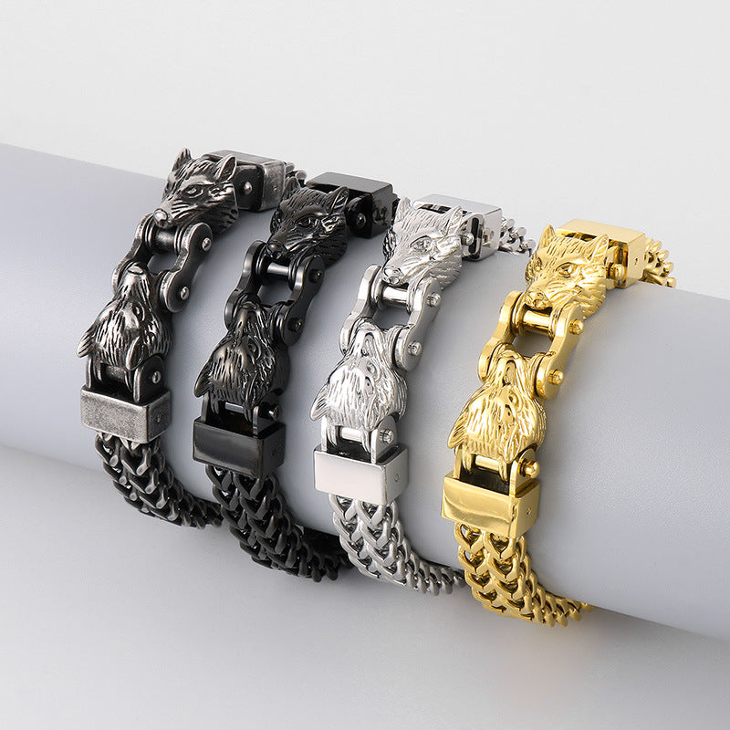 Trendy Hip-Hop Double Wolf Head Magnet Buckle Bracelet for Men in Titanium Steel