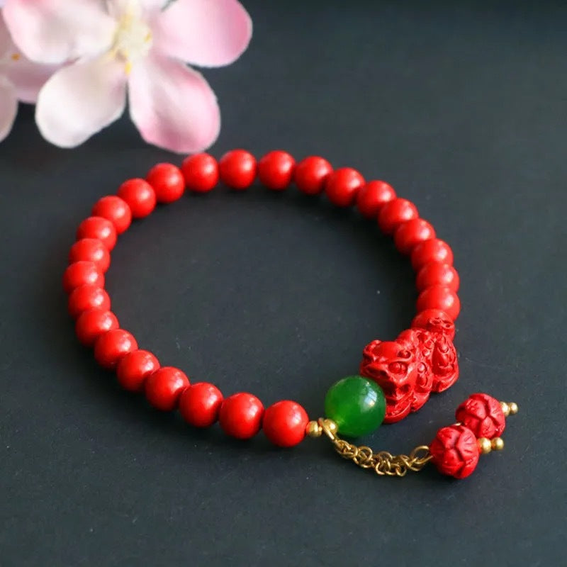 Red Sand Pixiu Fortune's Favor Sterling Silver Bracelet with Cinnabar Stone