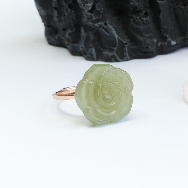 Sterling Silver Hetian Jade Rose Ring in Adjustable Design