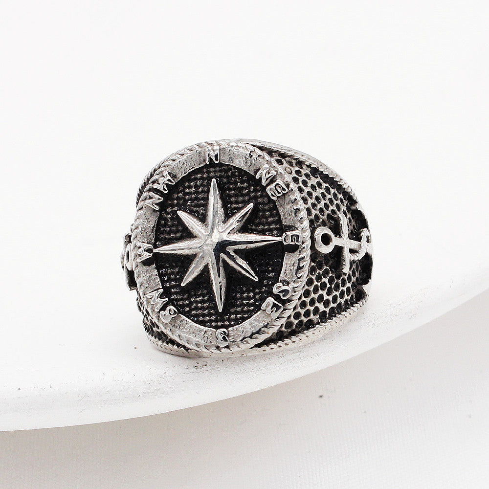 European and American Fashion Men's Titanium Steel Ring with Cross Compass