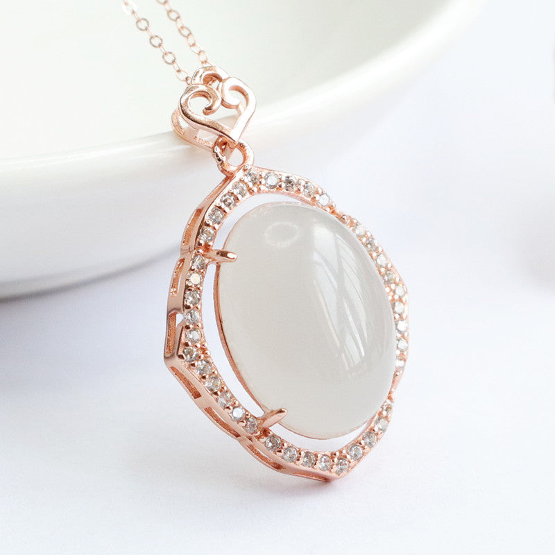 Sterling Silver Necklace with Hetian Jade Pigeon Egg Pendant and Zircon Accent