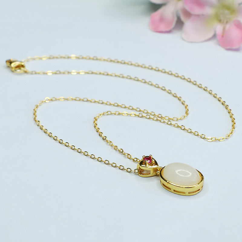 Elegant Oval White Jade Love Golden Pendant