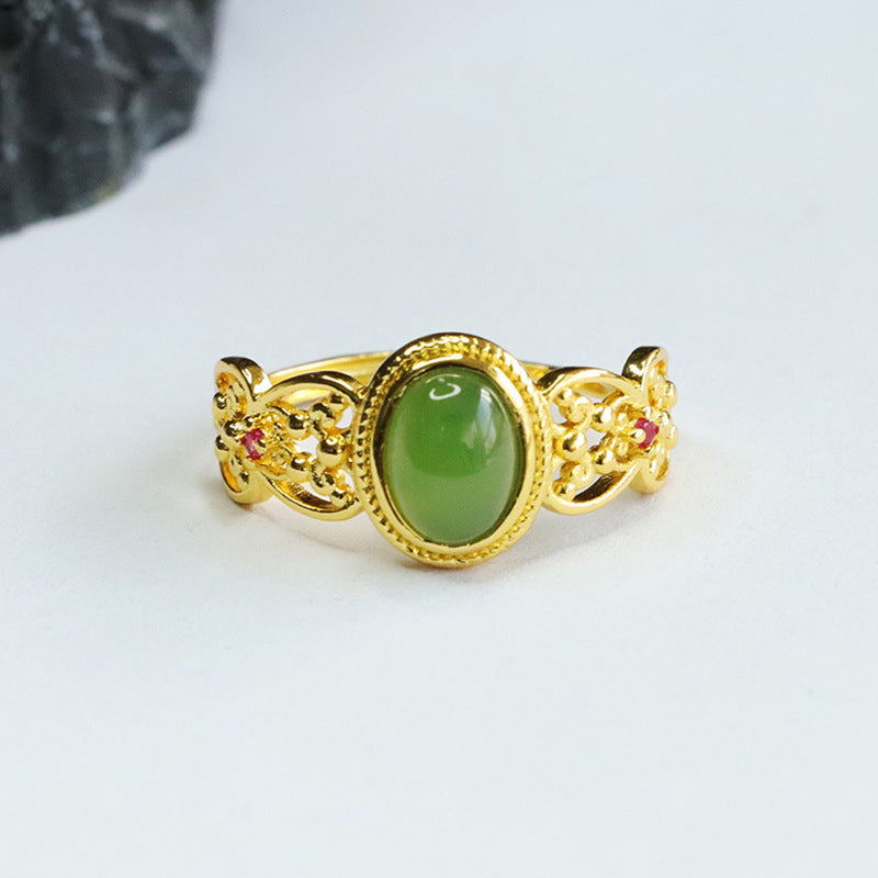 Exquisite Hetian Jade and Jasper Sterling Silver Hollow Ring