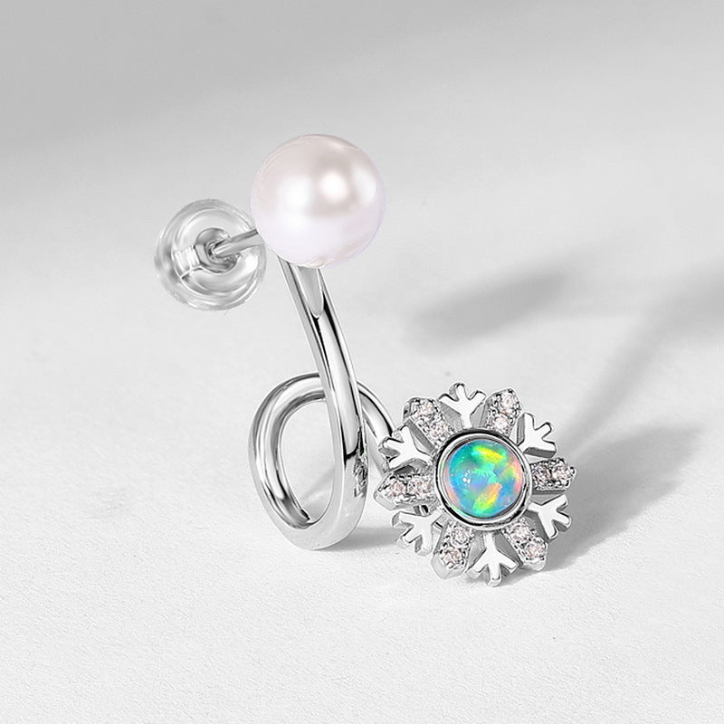 Round Opal Zircon Snowflake with Pearl Sterling Silver Stud Earrings