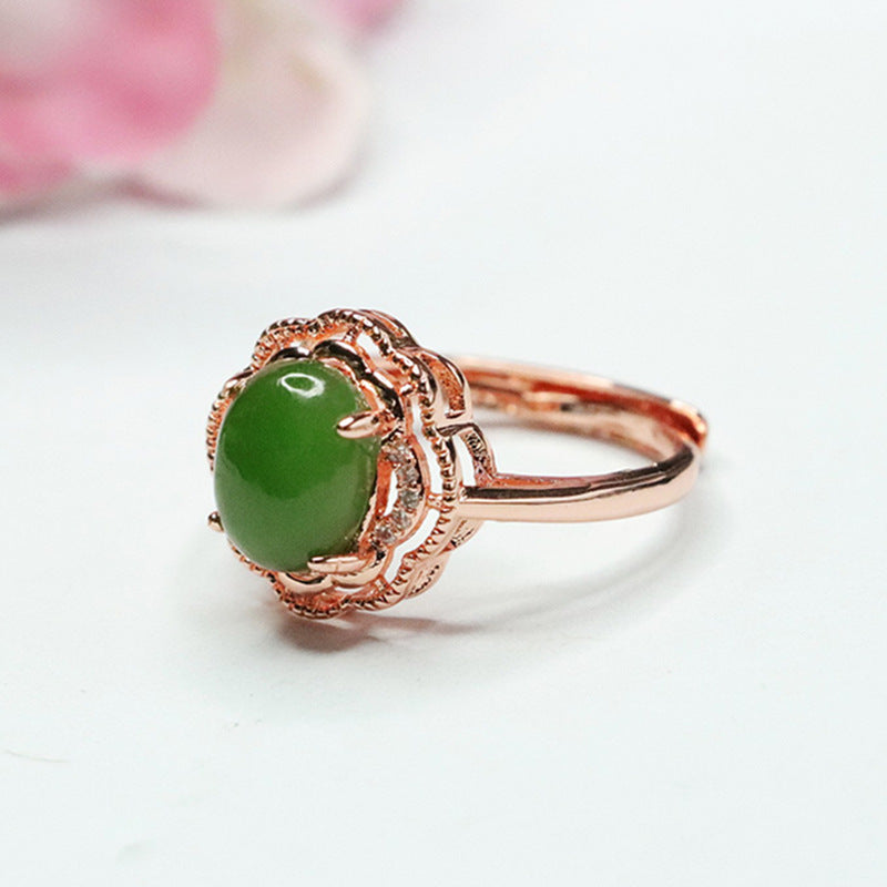 Elegant Retro Hetian Jade Petal Ring with Sterling Silver