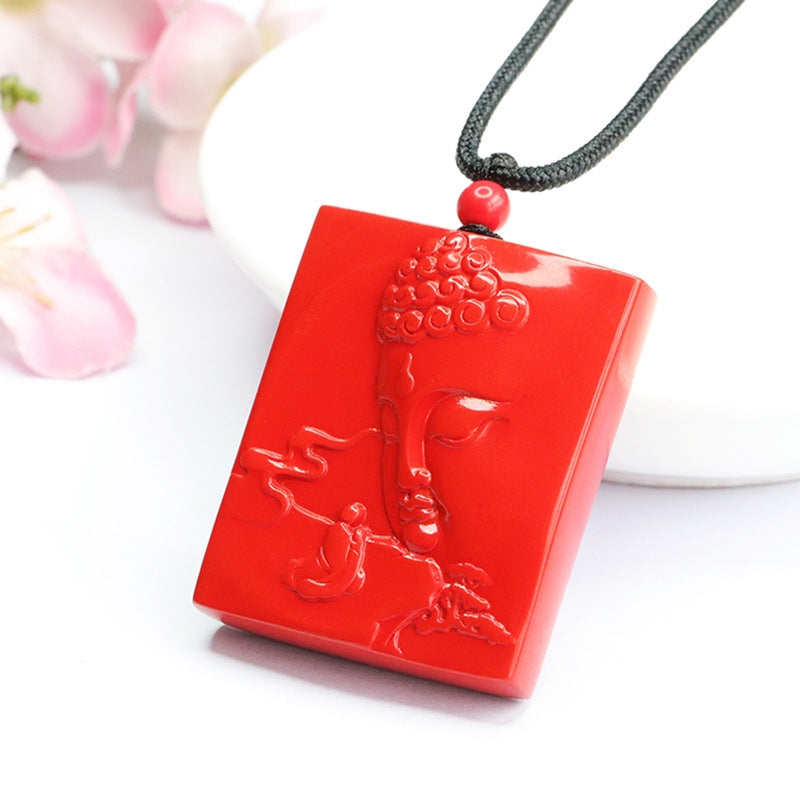 Cinnabar Lotus and Buddha Sterling Silver Pendant with Double Carvings