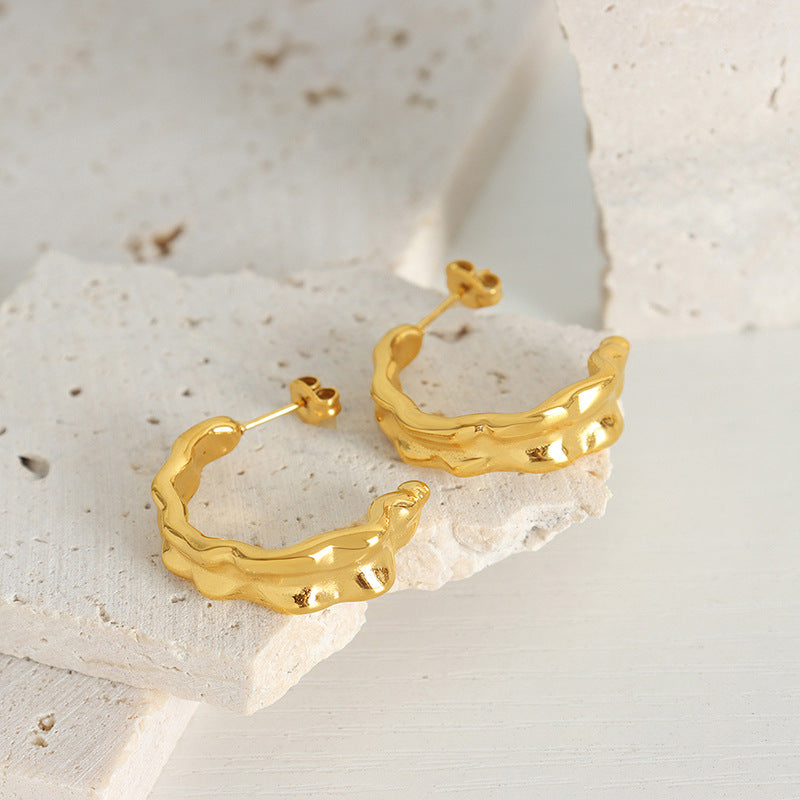 European and American Metallic Fashion Earrings with Unique Embossed Design & 18K Gold Plating