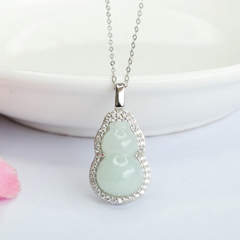 Sterling Silver Gourd Pendant Necklace with Natural Myanmar Jade and Full Zircon