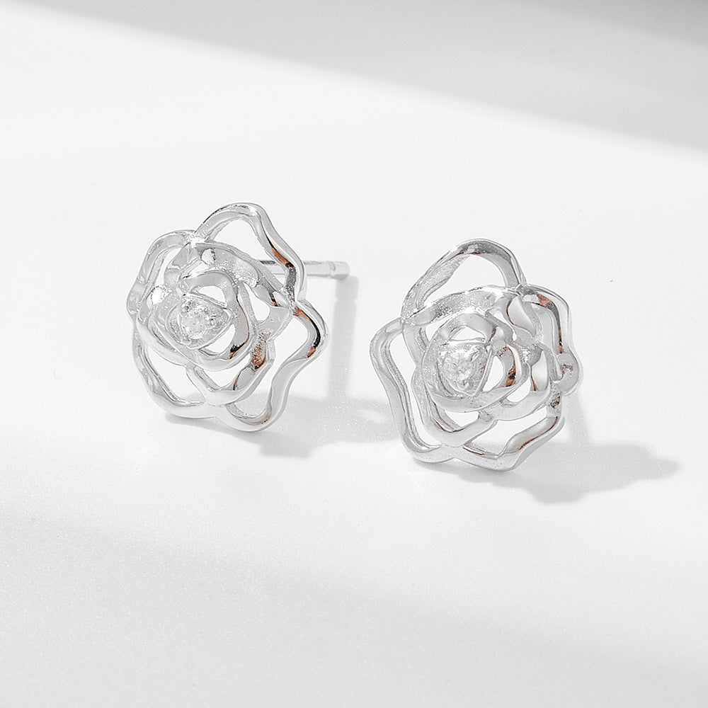 Hollowed Out Roses Silver Stud Earrings