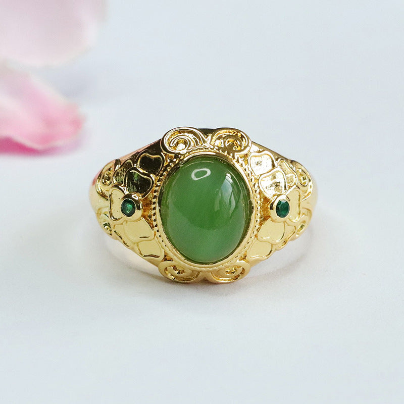 Elegant Hetian Jade Ring with Green Zircon Accents