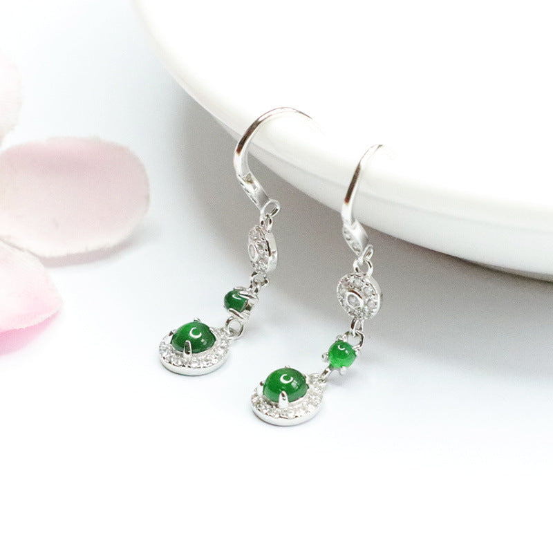 Dangle Earrings with Genuine Ice Green Jadeite Tassels